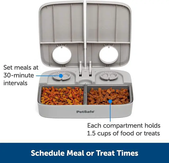 Alt view image 3 of 6 - Analog 2 Meal Programmable Pet Feeder, Automatic Dog and Cat Feeder - Dry or Semi-Moist Pet Food Dispenser, Slow Feed Portion Control (3 Cup/16 Ounce Total Capacity), Tamper-Resistant Design