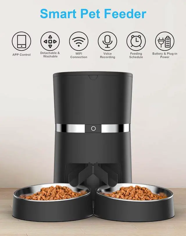 Alt view image 2 of 7 - Automatic Cat Feeder, WellToBe Pet Feeder Food Dispenser for Cat & Small Dog with Two-Way Splitter and Double Bowls, up to 6 Meals with Portion Control, Voice Recorder - Battery and Plug-in Power