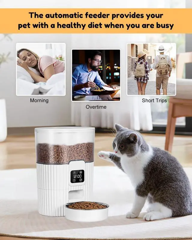 Alt view image 2 of 7 - Automatic-Cat-Feeder, 3.5L Pet Feeder with Dual Power Supply Auto Cat Dry Food Dispenser Dog Automatic Feeder with Desiccant & Stainless Steel Bowl
