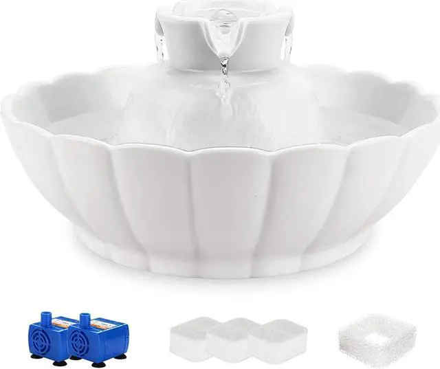 Main image of iPettie Tritone Ceramic Cat Water Fountain, Heavy-Duty Waterer for Pets | 2.1 Liters / 2.2 Quart Filtered Water Purifier with Replacement Filters and Foam, White
