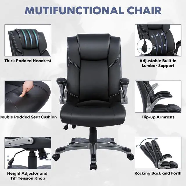 Alt view image 5 of 7 - High Back Executive Office Chair- Ergonomic Home Computer Desk Leather Chair with Padded Flip-up Arms, Adjustable Tilt Lock, Swivel Rolling Chair for Adult Working Study-Black