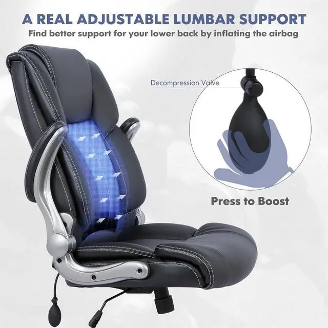 Alt view image 4 of 7 - High Back Executive Office Chair- Ergonomic Home Computer Desk Leather Chair with Padded Flip-up Arms, Adjustable Tilt Lock, Swivel Rolling Chair for Adult Working Study-Black