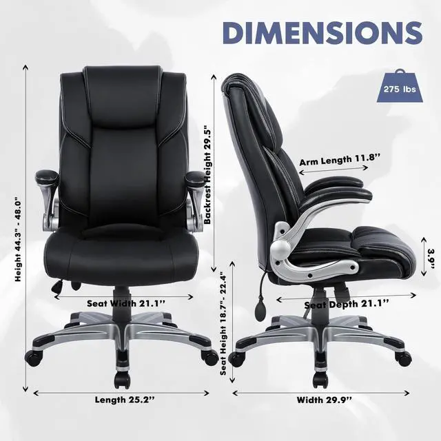 Alt view image 3 of 7 - High Back Executive Office Chair- Ergonomic Home Computer Desk Leather Chair with Padded Flip-up Arms, Adjustable Tilt Lock, Swivel Rolling Chair for Adult Working Study-Black