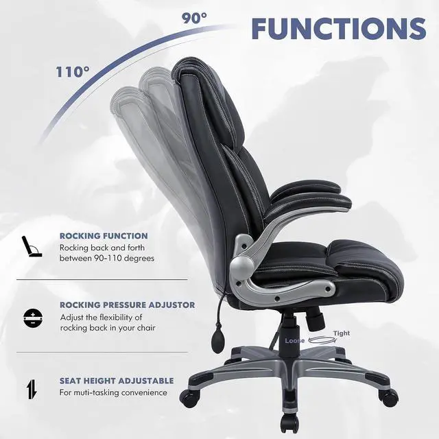 Alt view image 6 of 7 - High Back Executive Office Chair- Ergonomic Home Computer Desk Leather Chair with Padded Flip-up Arms, Adjustable Tilt Lock, Swivel Rolling Chair for Adult Working Study-Black