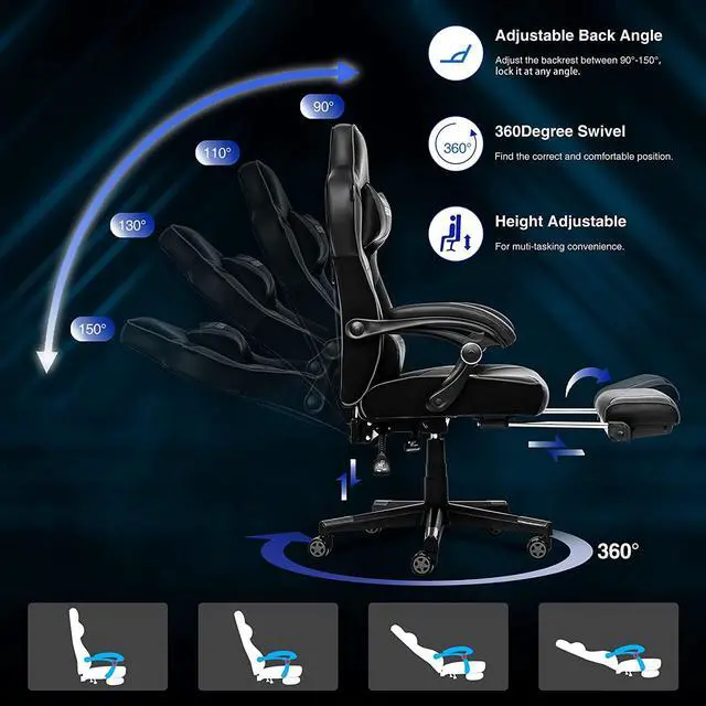 Alt view image 6 of 7 - ELECWISH Gaming Chair, Gamer Chair with Footrest, Ergonomic Racing Chair for Adluts with Padding Armrests PU Leather, 90-150 Degree Tilt Computer Gaming Chair with Footrest, Gray