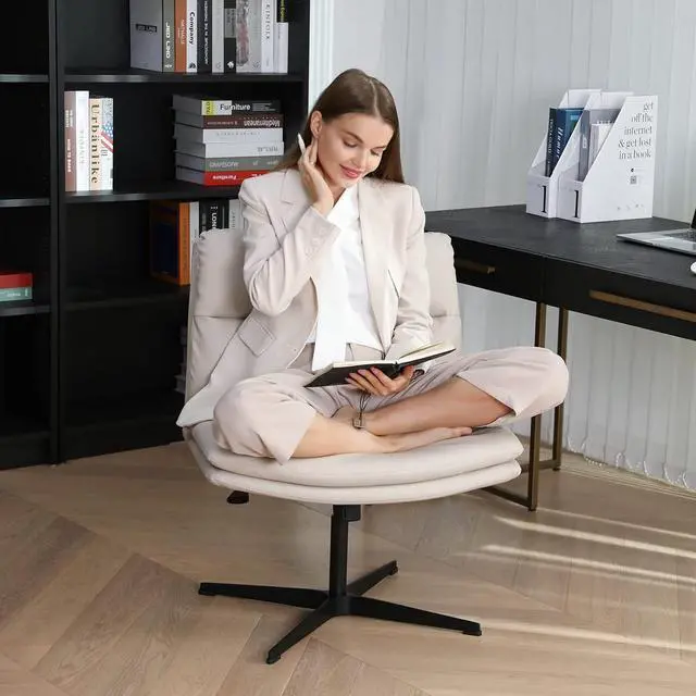 Alt view image 2 of 7 - Armless Office Desk Chair No Wheels PU-Padded Vanity Mid-Back Ergonomic Home Computer Comfortable Adjustable Swivel Task Chair with Thickened Cushion