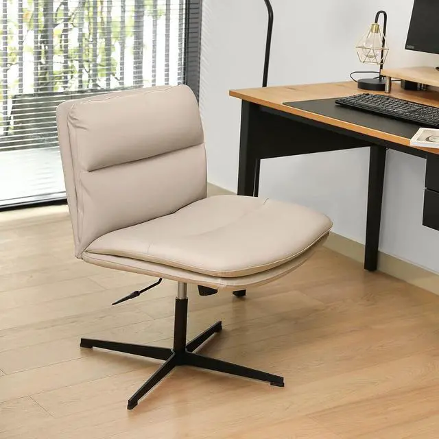 Alt view image 5 of 7 - EMIAH Criss Cross Chair No Wheels Armless Desk Chair Comfy, PU Leather | Vanity Chair Mid-Back for Home Computer Comfortable Adjustable Swivel Task Chair with Thickened Cushion