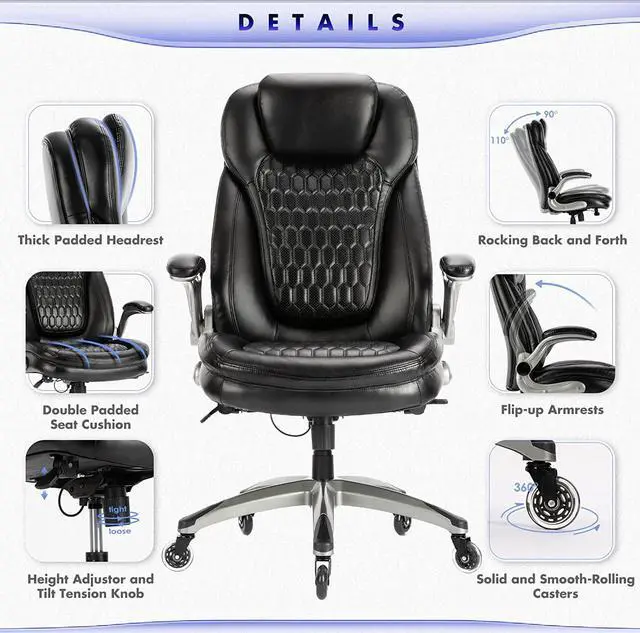 Alt view image 4 of 7 - Office Chair-Ergonomic Computer Desk Chair with Thick Seat for Comfort, High Back Executive Chair with Padded Flip-up Arms, Stylish Leather Chair with Upgraded Caster for Swivel (Black, 300lbs)