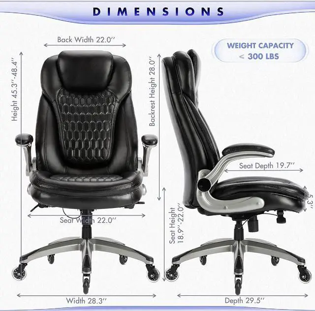 Alt view image 3 of 7 - Office Chair-Ergonomic Computer Desk Chair with Thick Seat for Comfort, High Back Executive Chair with Padded Flip-up Arms, Stylish Leather Chair with Upgraded Caster for Swivel (Black, 300lbs)