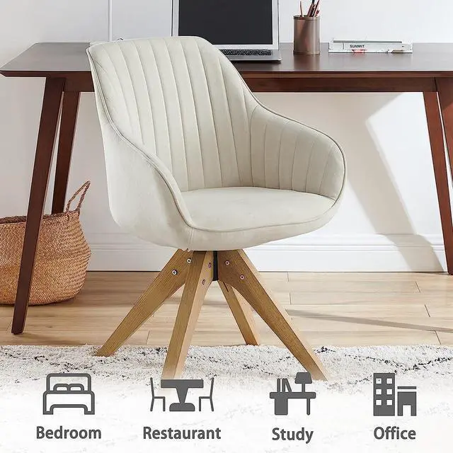 Alt view image 5 of 7 - Art Leon Mid Century Modern Swivel Accent Chair with Oak Wood Legs, Desk Chair No Wheels, Armchair for Desk, Off White