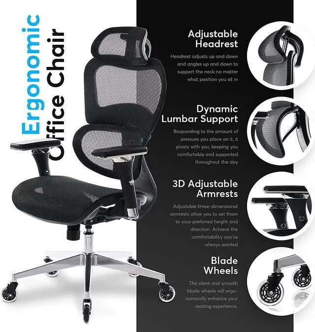 Alt view image 4 of 7 - Oline ErgoPro Ergonomic Office Chair, Rolling Desk Chair with 4D Adjustable Armrest, 3D Lumbar Support, Blade Wheels, Mesh Computer Gaming Executive Swivel Chairs Chair (Black)