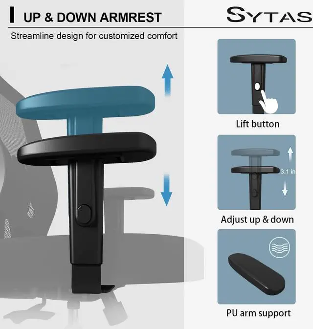 Alt view image 5 of 7 - Sytas Ergonomic Office Chair, High Back Desk Chair Computer Task Mesh Chair with Adjustable Headrest, Arms and Lumbar Support, for Modern Office and Home