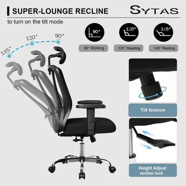 Alt view image 6 of 7 - Sytas Ergonomic Office Chair, High Back Desk Chair Computer Task Mesh Chair with Adjustable Headrest, Arms and Lumbar Support, for Modern Office and Home