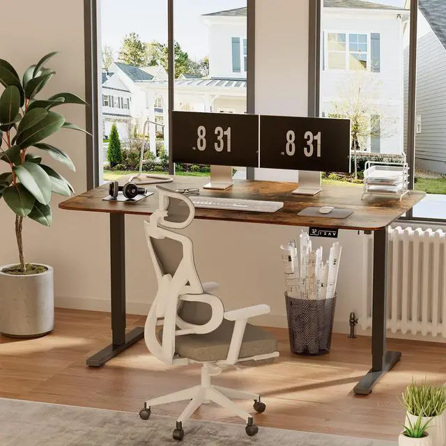 Alt view image 2 of 7 - YESHOMY Height Adjustable Electric Standing Desk, 55 inch Computer Table, Home Office Workstation, Black Leg/Rustic Brown Top