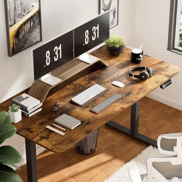 Alt view image 4 of 7 - YESHOMY Height Adjustable Electric Standing Desk, 55 inch Computer Table, Home Office Workstation, Black Leg/Rustic Brown Top