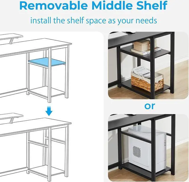 Alt view image 5 of 7 - GreenForest Computer Home Office Desk with Monitor Stand and Storage Shelves on Left or Right Side,47 inch Modern Writing Study PC Laptop Work Table,Black