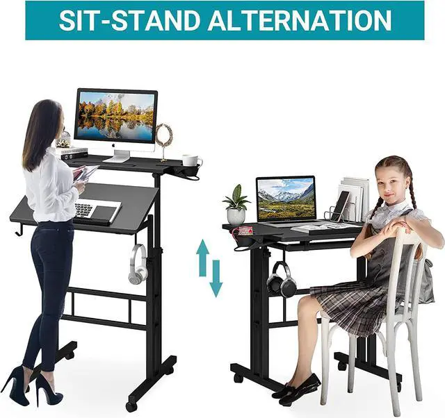 Alt view image 5 of 7 - Klvied Mobile Standing Desk with Cup Holder, Portable Stand Up Desk, Adjustable Height Small Standing Desk, Rolling Desk with Wheels, Home Office Laptop Cart, Computer Desk for Standing or Sitting