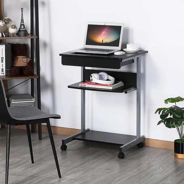 Alt view image 2 of 7 - Topeakmart Mobile Compact Computer Desk Cart for Small Spaces, Work Workstation, Writing Desk Table with Drawers and Printer Shelf on Wheels