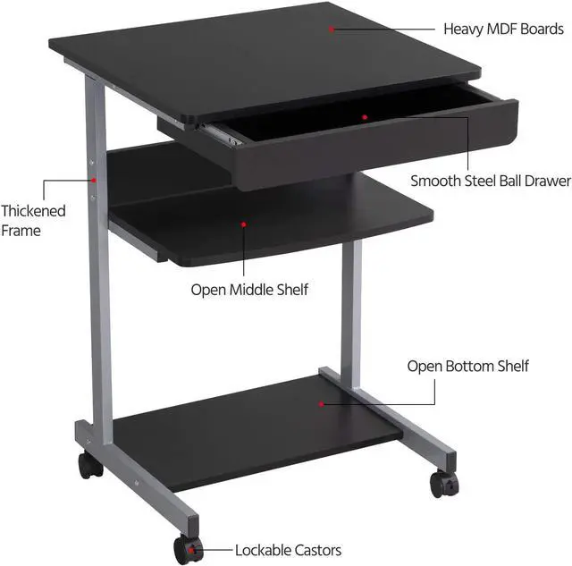 Alt view image 5 of 7 - Topeakmart Mobile Compact Computer Desk Cart for Small Spaces, Work Workstation, Writing Desk Table with Drawers and Printer Shelf on Wheels
