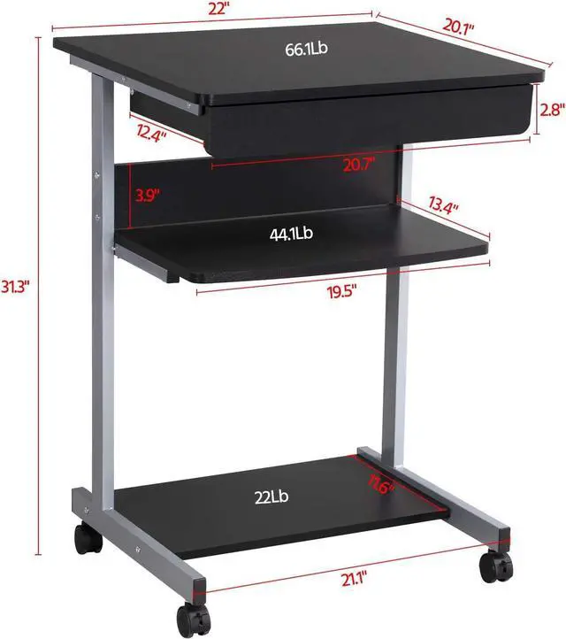 Alt view image 3 of 7 - Topeakmart Mobile Compact Computer Desk Cart for Small Spaces, Work Workstation, Writing Desk Table with Drawers and Printer Shelf on Wheels