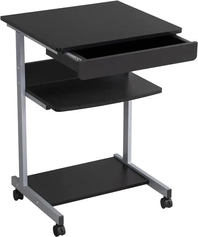 Alt view image 7 of 7 - Topeakmart Mobile Compact Computer Desk Cart for Small Spaces, Work Workstation, Writing Desk Table with Drawers and Printer Shelf on Wheels