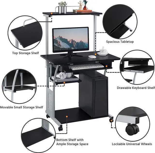 Alt view image 5 of 7 - Topeakmart 3 Tier Computer Desk with Printer Shelf and Keyboard Tray, Home Office Desk Computer Workstation Rolling Study PC Laptop Table for Small Spaces Black