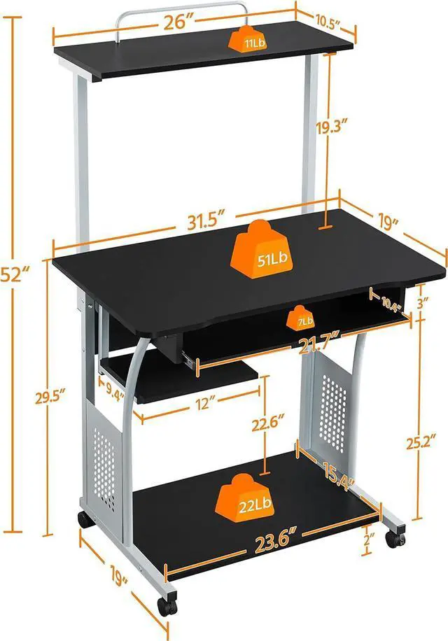 Alt view image 2 of 7 - Topeakmart 3 Tier Computer Desk with Printer Shelf and Keyboard Tray, Home Office Desk Computer Workstation Rolling Study PC Laptop Table for Small Spaces Black