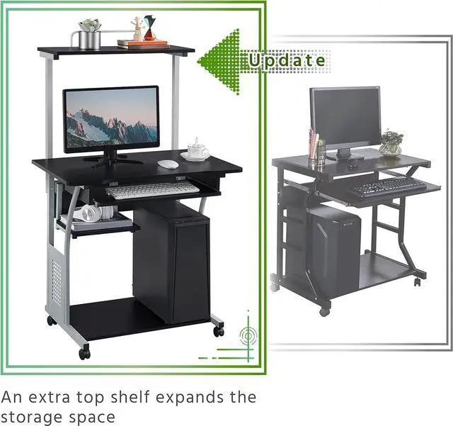 Alt view image 6 of 7 - Topeakmart 3 Tier Computer Desk with Printer Shelf and Keyboard Tray, Home Office Desk Computer Workstation Rolling Study PC Laptop Table for Small Spaces Black