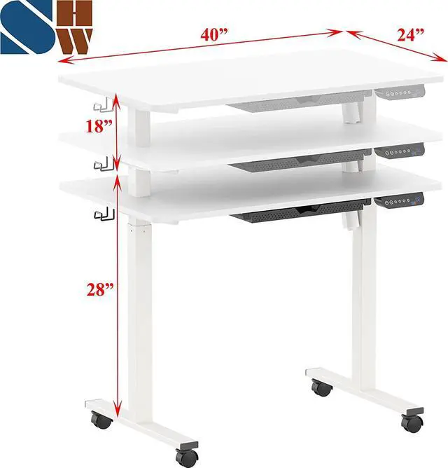 Alt view image 3 of 7 - SHW 40-Inch Mobile Electric Height Adjustable Sit to Stand Desk with Drawer, Hanging Hooks and Cable Management, White