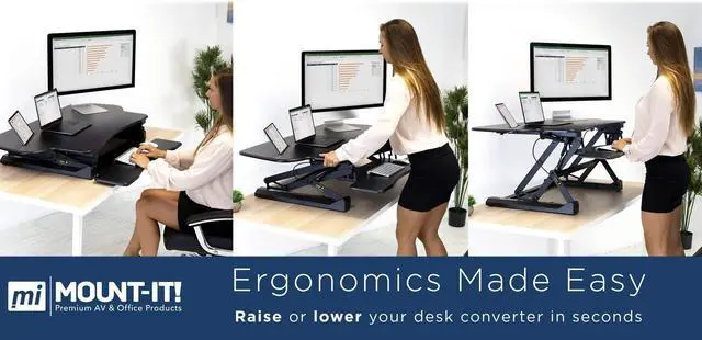 Alt view image 6 of 7 - Mount-It! Height Adjustable Standing Desk Converter | 48 Wide Tabletop Sit Stand Desk Riser with Gas Spring | Stand Up Computer Workstation Fits Dual Monitors | Black | MI-7925