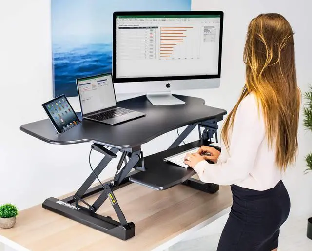 Alt view image 5 of 7 - Mount-It! Height Adjustable Standing Desk Converter | 48 Wide Tabletop Sit Stand Desk Riser with Gas Spring | Stand Up Computer Workstation Fits Dual Monitors | Black | MI-7925