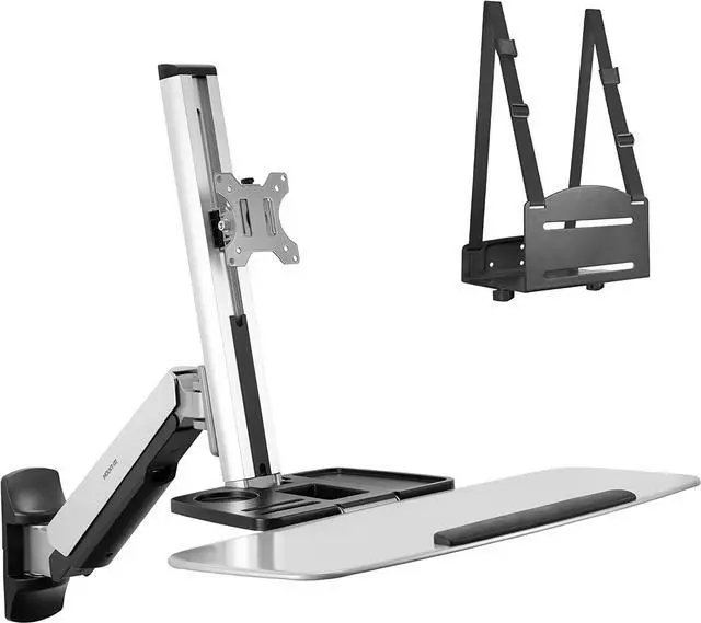 Alt view image 2 of 7 - Mount-It! Sit Stand Wall Mount Workstation | Adjustable Height Stand Up Computer Station with Articulating Monitor Mount, Keyboard Tray, & CPU Holder | VESA Mount 75x75 and 100x100 | MI-7905