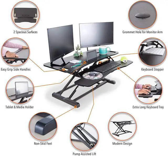 Alt view image 5 of 7 - Flexpro Hero 37 Inch Standing Desk Converter, for Office and Home, Height Adjustable, 2 Level Sit to Stand Workspace with Keyboard Shelf & Monitor Riser, Sit or Stand (Black, 37 x 18 x 4.5 to 20)