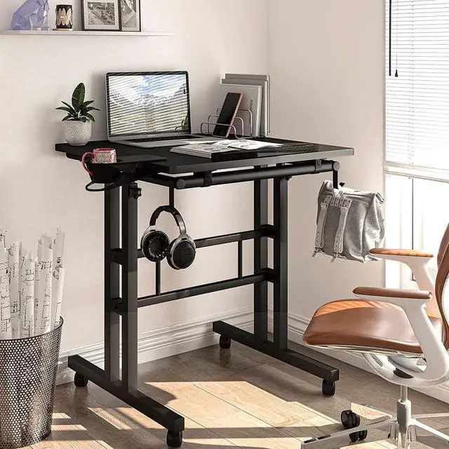 Alt view image 2 of 7 - Klvied Mobile Standing Desk with Cup Holder, Portable Stand Up Desk, Adjustable Height Small Standing Desk, Rolling Desk with Wheels, Home Office Laptop Cart, Computer Desk for Standing or Sitting