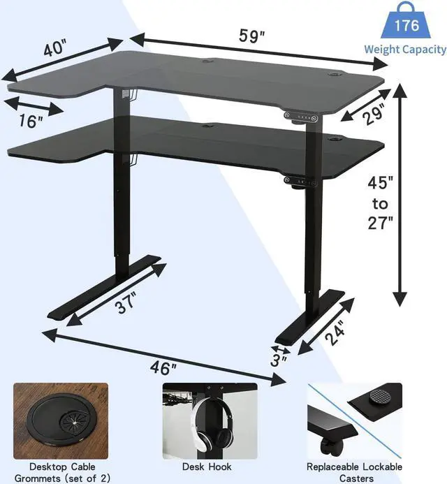 Alt view image 3 of 7 - BUNOEM L-Shaped 59" Height Adjustable Electric Standing Desk, Sit and Stand Up Computer Desk For Home Office with Splice Board (Black Top, Black Frame)