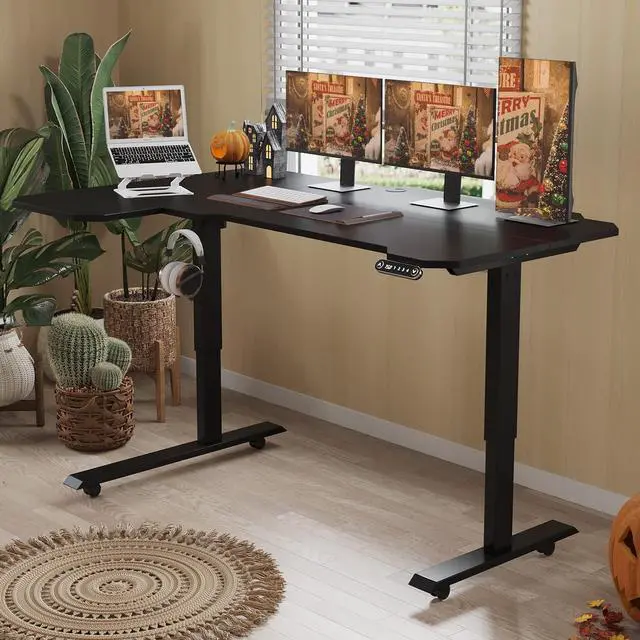 Alt view image 2 of 7 - BUNOEM L-Shaped 59" Height Adjustable Electric Standing Desk, Sit and Stand Up Computer Desk For Home Office with Splice Board (Black Top, Black Frame)