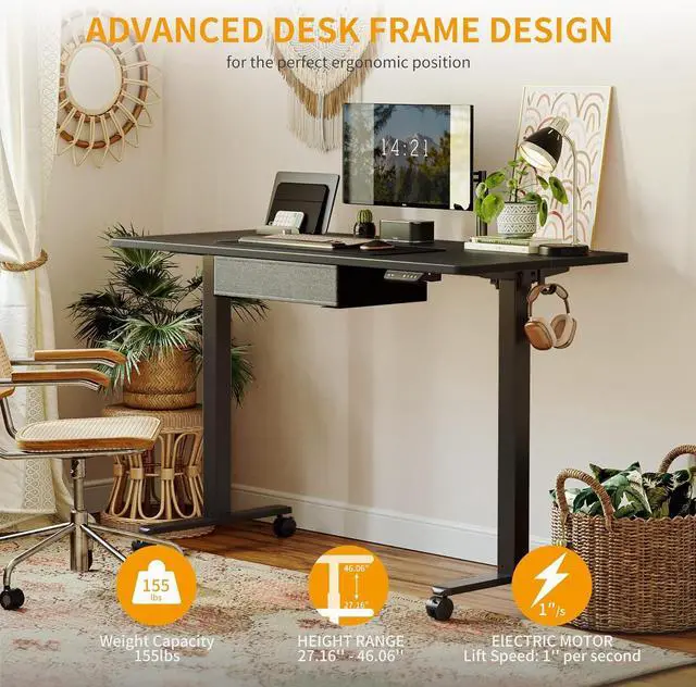 Alt view image 4 of 6 - CubiCubi 48 x 24 Inch Standing Desk with Drawer, Electric Stand up Adjustable Height Electric Stand up Desk, Sit Stand Home Office Desk, Ergonomic Workstation Black Steel Frame/Black Tabletop