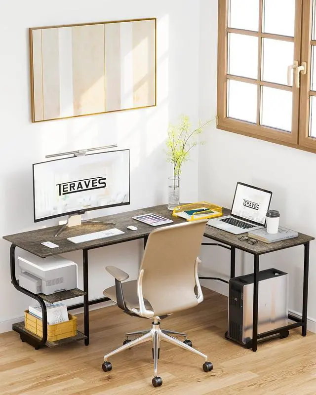 Alt view image 2 of 7 - Teraves Reversible L Shaped Desk with Large Surface, 69 Inch Sturdy Corner Desk with Storage Shelves, Premium Office Computer Desk Workstation for Home Office Gaming