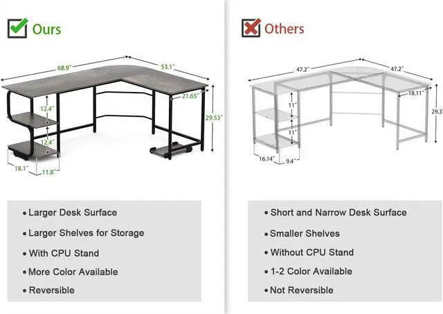 Alt view image 3 of 7 - Teraves Reversible L Shaped Desk with Large Surface, 69 Inch Sturdy Corner Desk with Storage Shelves, Premium Office Computer Desk Workstation for Home Office Gaming