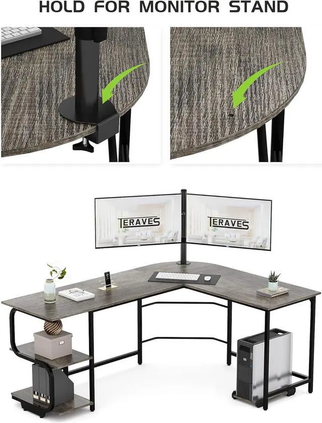 Alt view image 4 of 7 - Teraves Reversible L Shaped Desk with Large Surface, 69 Inch Sturdy Corner Desk with Storage Shelves, Premium Office Computer Desk Workstation for Home Office Gaming