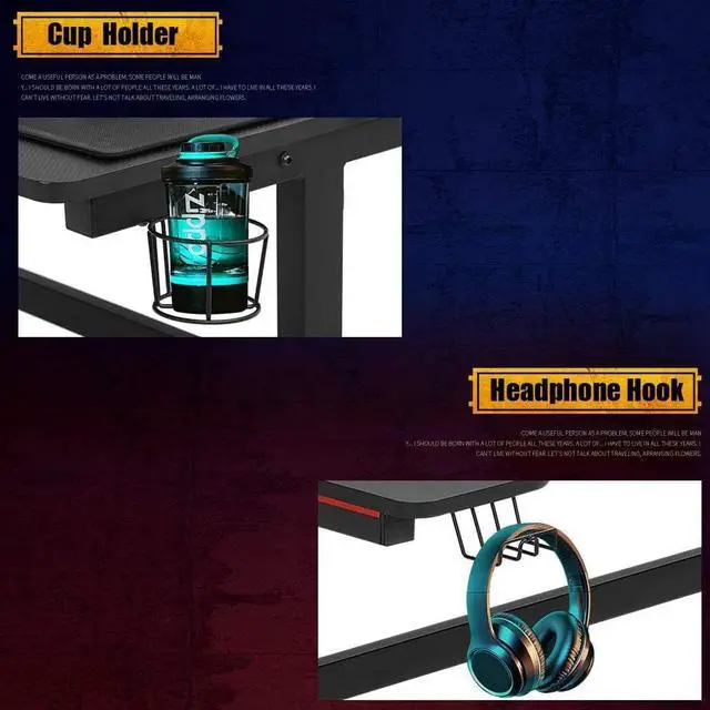 Alt view image 7 of 7 - Computer Desk Gaming Desk 47 inches Office Desk Carbon Fiber Cup Holder and Socket Rack Full-Surface Mouse Pad