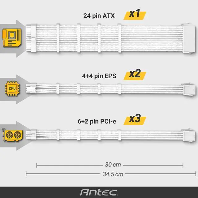 Alt view image 7 of 7 - Antec Power Supply Sleeved Cable, PSU Extension Cable Kit / 1x24pin ATX / 2x8pin (4+4) EPS / 3x8pin (6+2) PCI-E, 30cm Length with Combs, Dual EPS White (White Connector)