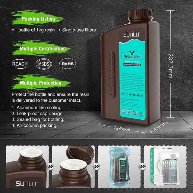 Alt view image 6 of 7 - SUNLU 3D Printer Resin, Strong Durable Nylon Like 3D Resin for LCD DLP SLA Resin 3D Printers, 395-405nm UV Light Curing 3D Printing Liquid Photopolymer Resin, Good for Functional Parts, 1000g, Black
