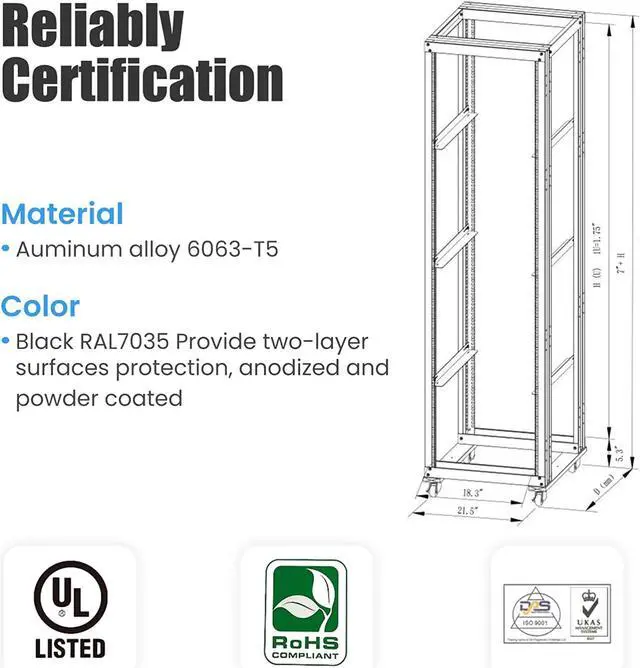Alt view image 3 of 6 - Raising Electronics Server Rack Open Frame Rack 4 Post 19 inch Adjustable Server/Audio Rack Aluminum(24U,24Depth)