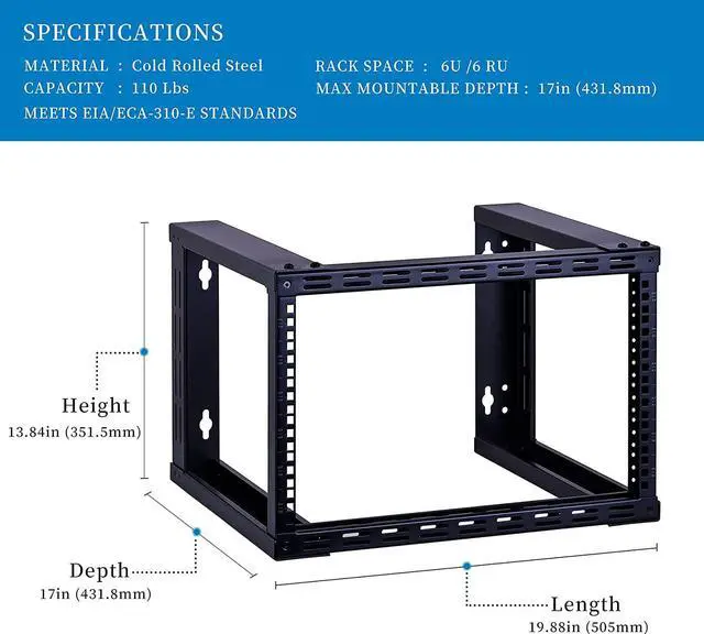 Alt view image 2 of 7 - RackPath 6U Wall Mount Rack Open Frame 19in Server Equipment Rack Heavy Duty - 17in Depth
