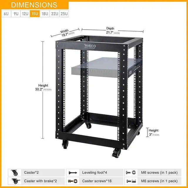 Alt view image 3 of 7 - RIVECO 15U Server Rack Floor Standing Open Frame with Wheels- 19-inch 4 Post Quick Assembly AV Rack Network Heavy Duty Durable Black