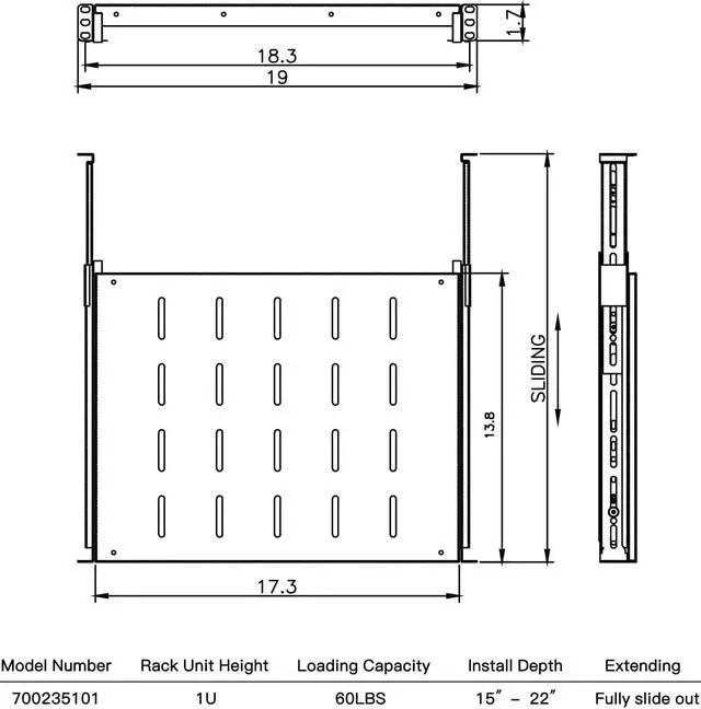 Alt view image 3 of 6 - Raising Electronics Sliding Rack Server Shelf 1U 19'' 4 Post Rack Mount-Adjustable 15''-22''