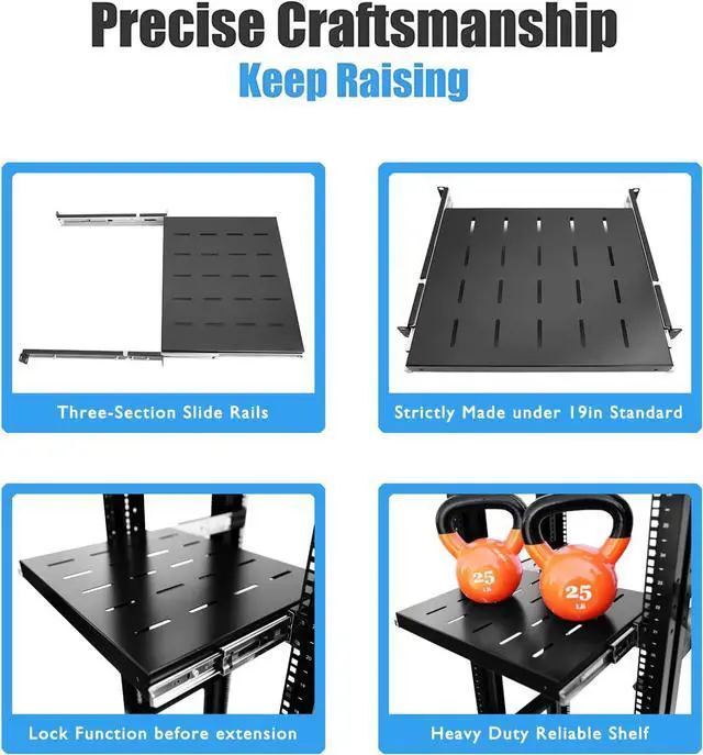 Alt view image 4 of 6 - Raising Electronics Sliding Rack Server Shelf 1U 19'' 4 Post Rack Mount-Adjustable 15''-22''