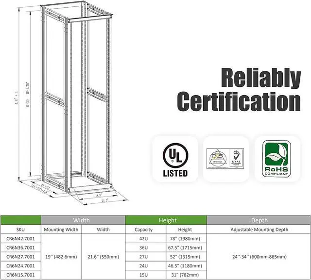 Alt view image 3 of 6 - Raising Electronics Server Rack 4 Post Open Rack Frame Rack Enclosure 19 Inch Adjustable Depth Aluminum (27U,56Inch Height)