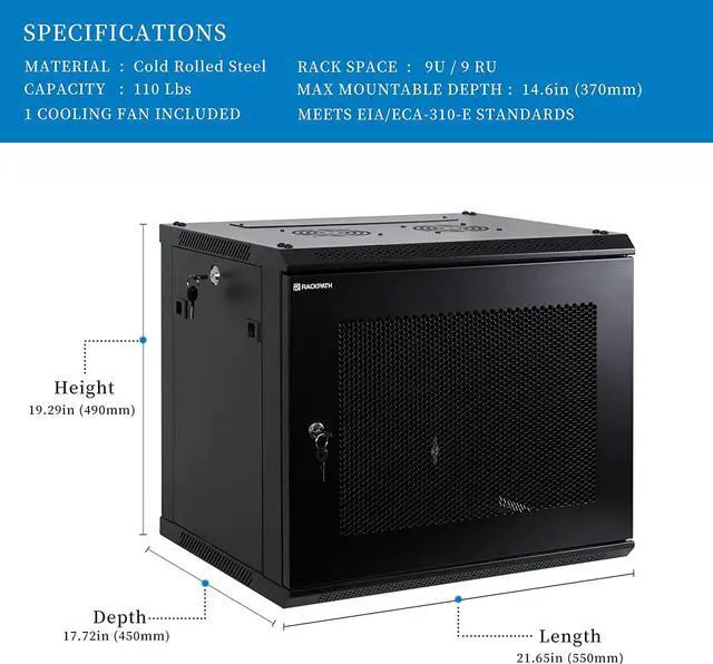 Alt view image 2 of 7 - RackPath 9U Wall Mount Server Cabinet Network Rack Enclosure, Quiet Cooling Fan, Perforated Door, Black